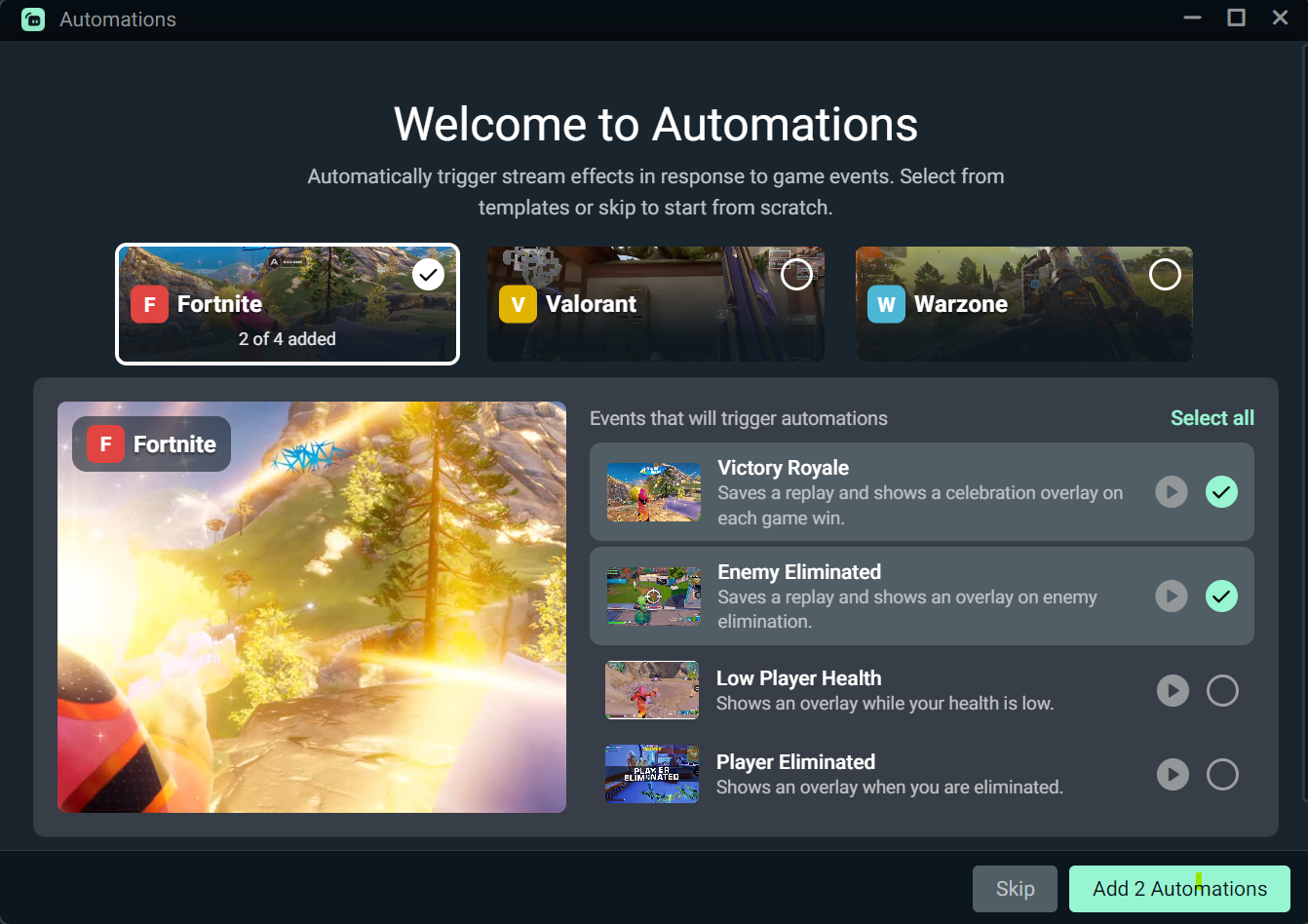 Streamlabs Desktop Automations Templates and welcome screen